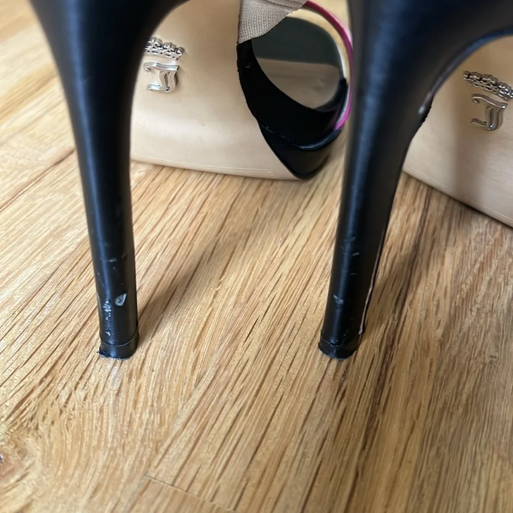 Juicy Couture Catarahice 4” Stiletto Heels, Tan/Bright Pink/Black, Back Zip Sz 6